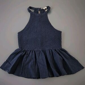 Wishlists Apparel Women's Halter High Neck Top Smocked Bodice Navy Blue M
